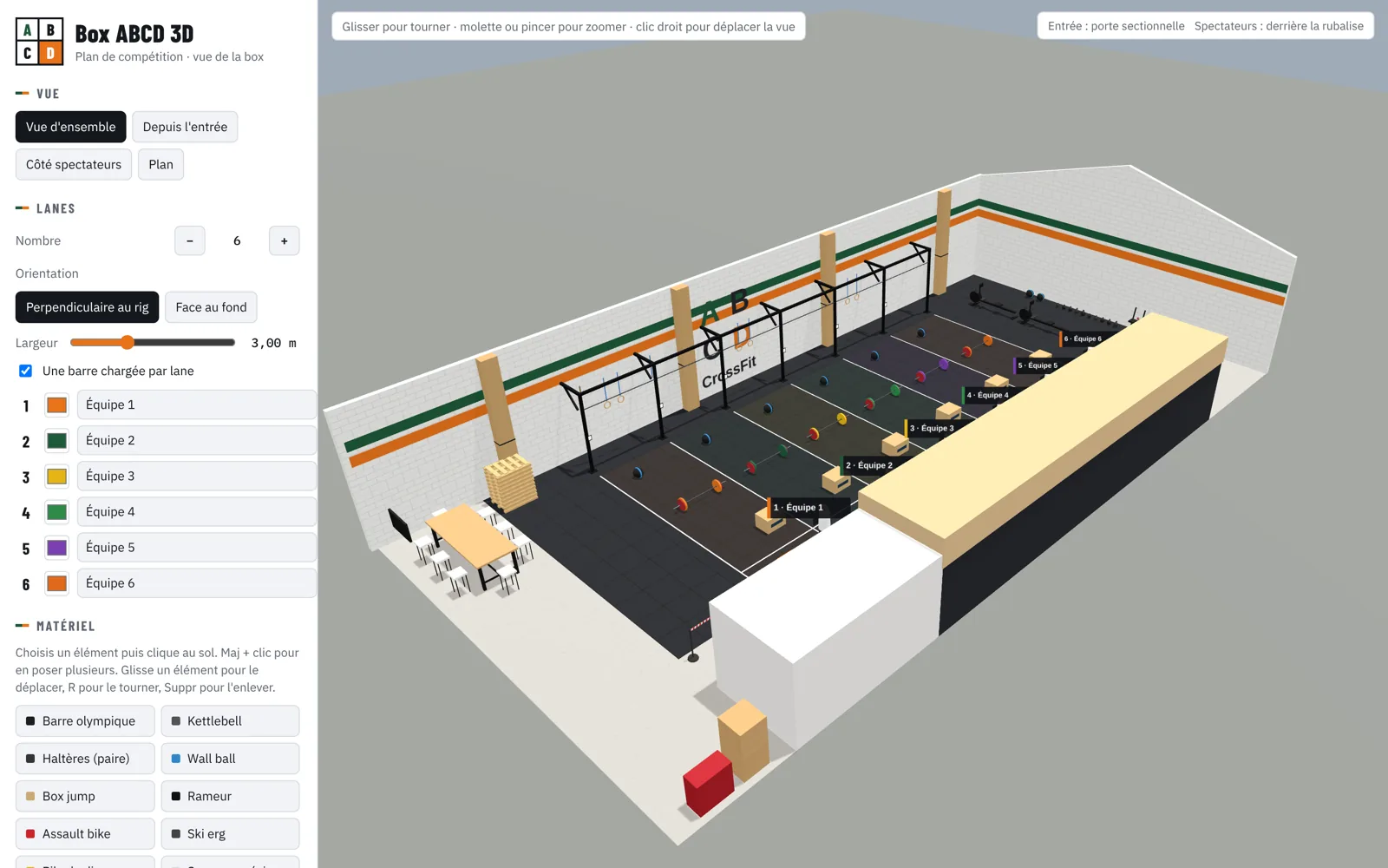 Box ABCD en 3D : réglages des lanes et plateau de compétition à l'échelle