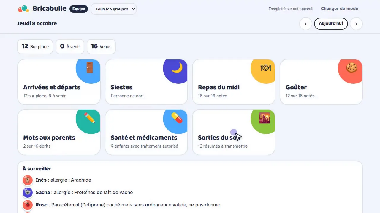 Tablette de section Bricabulle : présences, activités du jour et points de santé