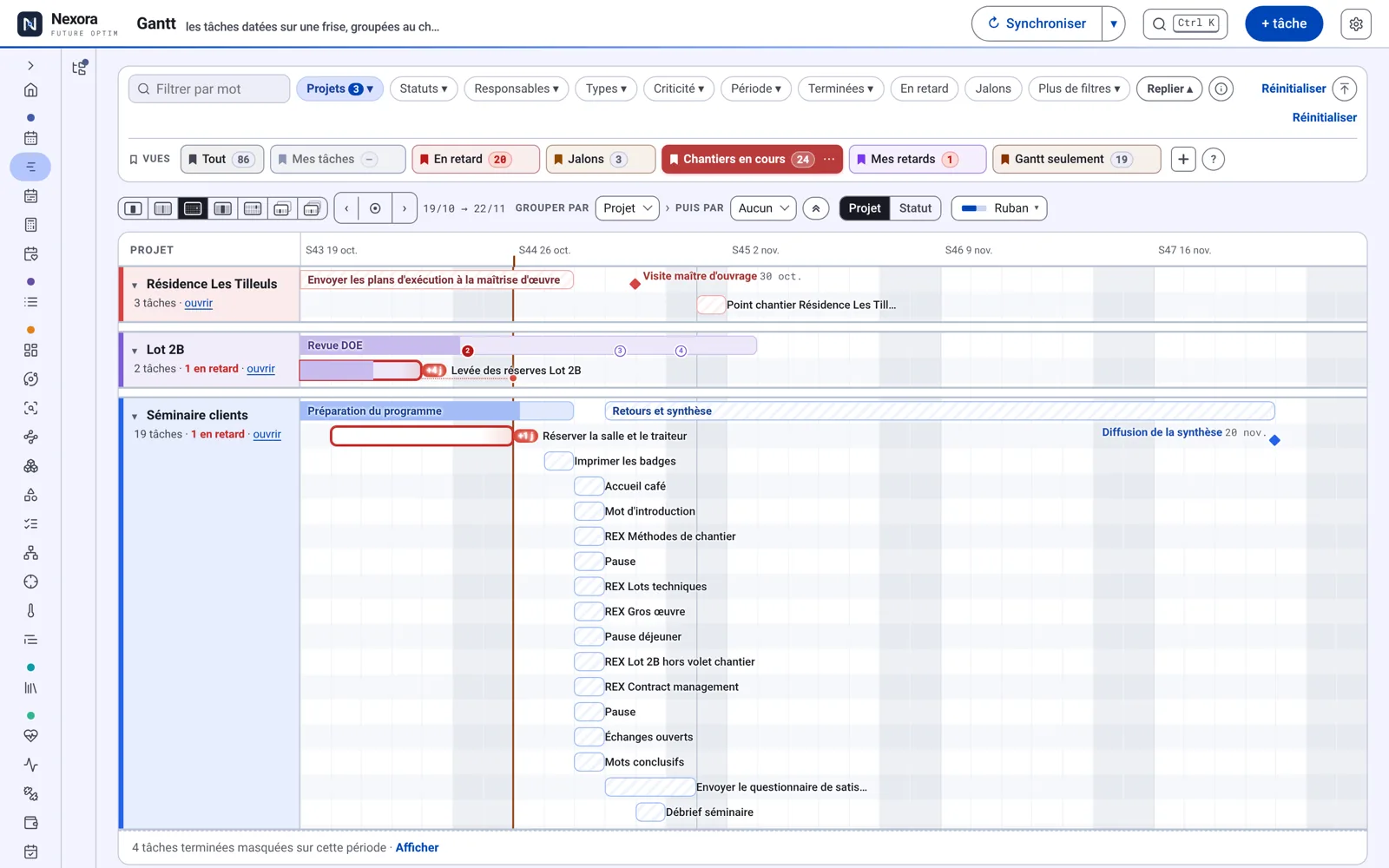 Vue Gantt de Nexora : vues enregistrées et projets sur une frise de cinq semaines